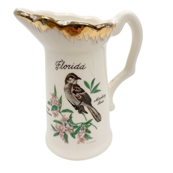 Vintage Florida Souvenir Creamer Mocking Bird Orange Blossom Flowers White Gold - Picture 12 of 12